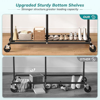 Raybee Clothes Rack Heavy Duty 450LBS, Clothing Racks for Hanging Clothes 200+, Metal Clothing Rack with Wheels, Rolling Commercial Garment Rack Portable, Black