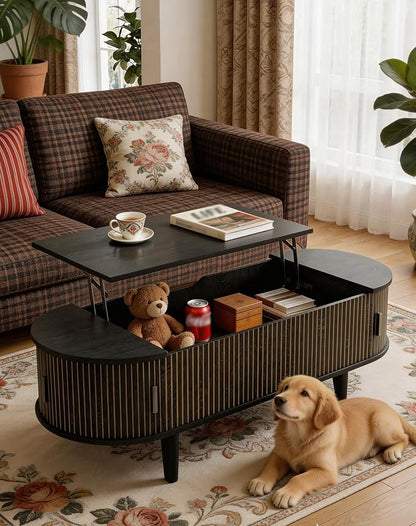 Oval Coffee Table with Storage, 47.2" Fluted Lift Top Coffee Table with 180° Sliding Tambour Door, Mid Century Modern Center Table for Living Room, Office, Cafe, Black