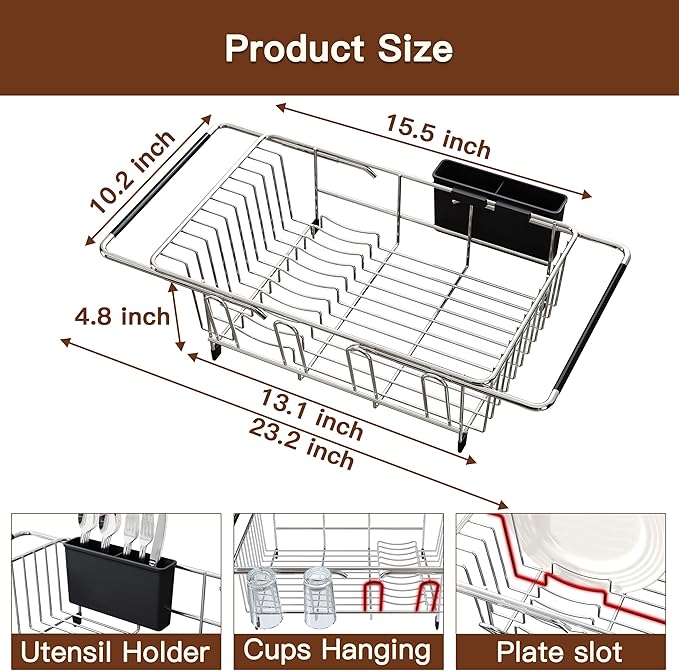 Over the Sink Expandable Dish Drainer Drying Rack In Stainless Steel for Small Kitchen, Counter Space Saving Modern Compact Metal Above Plate Dryer Strainer, Adjustable Hanging Inside Drain Holder