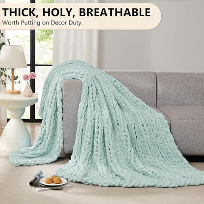 L'AGRATY Chunky Knit Blanket Throw: 60''x80'' Chenille Chunky Knitted Throw Blankets for Bed Couch - Handmade Thick Big Cable Knit Blanket - Large Crochet Rope Blankets for Home Decor(Mint Green)