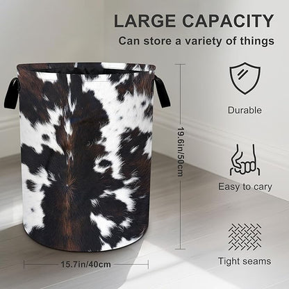 White Black Cowhide Laundry Basket Laundry Hamper With Handles Collapsible Laundry Baskets Storage Basket For Room Bathroom Bedroom Decor