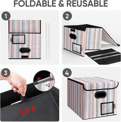BALEINE File Organizer Box with Lid, Collapsible File Folder Organizer with Plastic Slide, Hanging File Folder Box for Office Document Storage (1 Pack, Color Stripe)