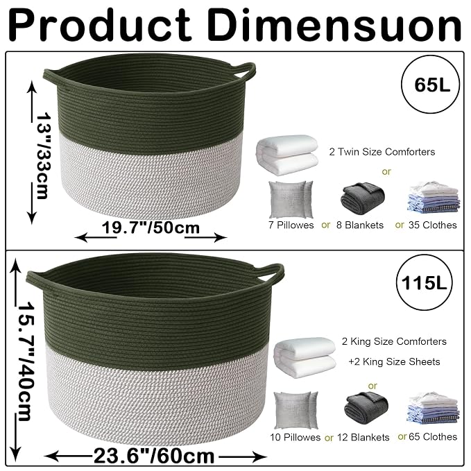 115L Extra Large Blanket Basket,Woven Rope Laundry Basket Hamper with Handles, Decorative Nursery Basket Storage Bin for Toys, Clothes Organizer, Living Room, Bedroom, Bathroom, Green&White