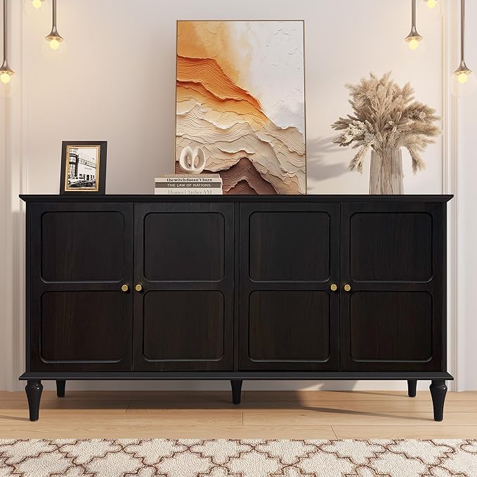 ARTPOWER 58'' Mid-Century Modern Buffet Storage Cabinet with 4 Doors and Adjustable Shelves, Accent Style Sideboard for Entryway, Dining Room, Living Room, Espresso Brown