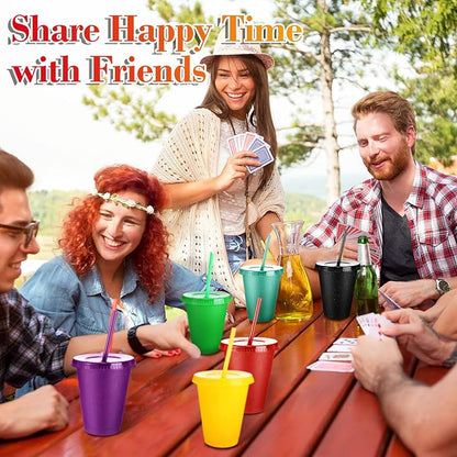 Sieral Cups with Straws and Lids Kids Tumbler with Straw Reusable Water Bottle Iced Coffee Travel Mug Adults Plastic Cups for Parties 16 oz(Simple Colors,30 Pack)