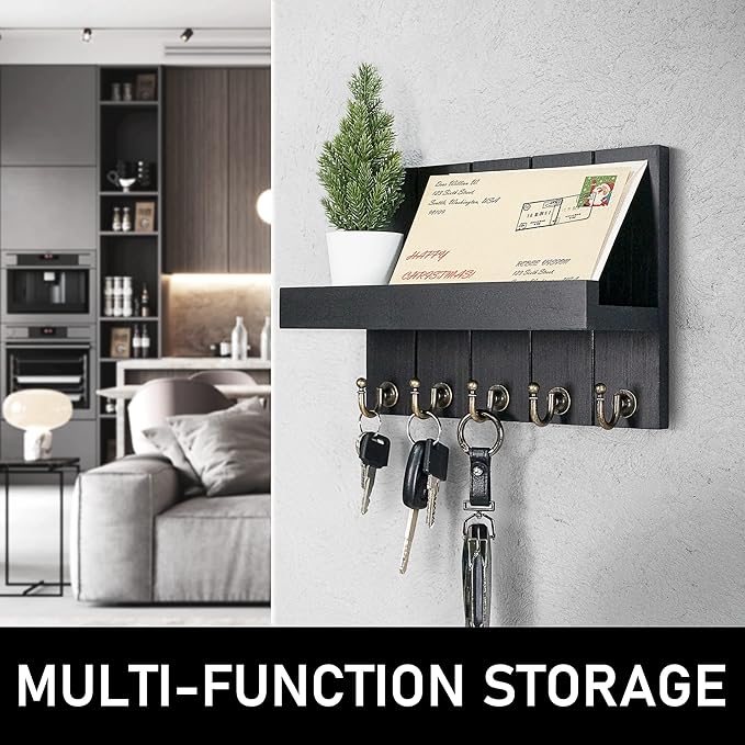 Rebee Vision Farmhouse Key Holder Wall Mount - Modern Key Holder for Living Room and Mail Organizer with Shelf & Hooks for Apartment Essentials - Home Decor Aesthetic (Black, 3.54"D x 10"W x 7.28"H)