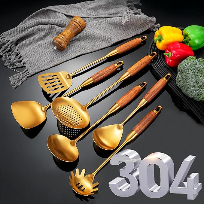 Gold Kitchen Utensils Set with Wooden Handle, 6 PCS Professional 18/10 Stainless Steel Cooking Utensils Set, Wok Spatula, Ladle, Skimmer, Slotted Spatula Turner, Spaghetti Spoon, Large Spoon