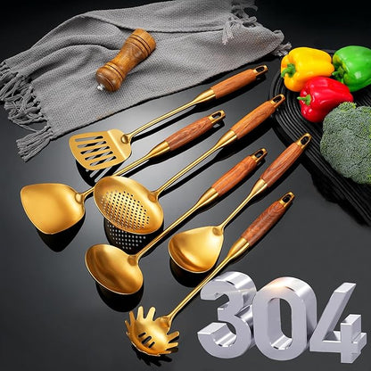 Gold Kitchen Utensils Set with Wooden Handle, 6 PCS Professional 18/10 Stainless Steel Cooking Utensils Set, Wok Spatula, Ladle, Skimmer, Slotted Spatula Turner, Spaghetti Spoon, Large Spoon
