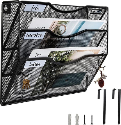 Wall File Organizer, 3 Tire Hanging File Folder Mail Organizer, Vertical Mesh Metal Door/Wall Mount Hanging File Holder, Paper Document Magazine Rack with Hooks for Home Office Black