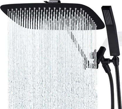 G-Promise All Metal 16 Inch Dual Square Shower Head with Handheld Spray Combo, Rain Shower Head, Adjustable Extension Arm, 3-Way Diverter, 71 Inch Extra Long Hose - A Bathroom Upgrade (Matte Black)