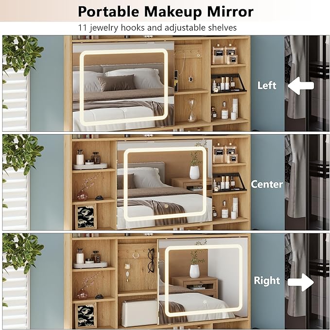 43.3" Fluted Vanity Desk with Mirror and Lights, Wood Makeup Vanity Desk with Charging Station & Mobile Mirror, Modern Dressing Table with Adjustable Shelves & Jewelry Hooks for Girls, Women, Oak