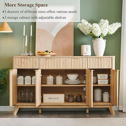 T4TREAM Large Buffet Sideboard Cabinet with Storages, 60" Fluted Modern Buffet Table Coffee Bar Wine Bar Storage Cabinet with 3 Drawers & 4 Doors for Dining Room, Living Room, Hallway(Natural Oak) | with Storages, Coffee Bar, Wine Bar, Storage Cabinet,...