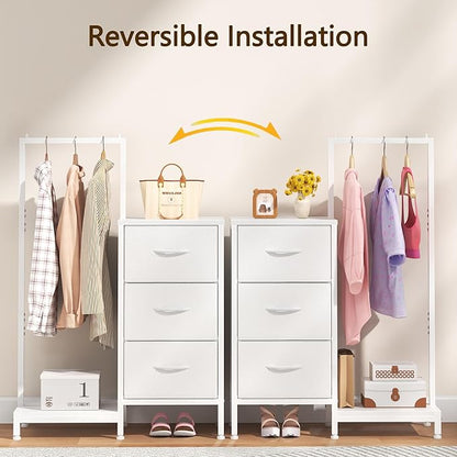 Dresser for Bedroom with Hanging Rack, 3 Drawers Dresser for Bedroom - White