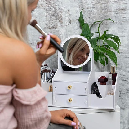 Wooden Makeup Organizer – Countertop Makeup Organizers with Mirror, Drawers – Cosmetic Organizer for Brushes, Skincare – Elegant Make Up Storage Holder for Vanity, Bathroom, Dresser