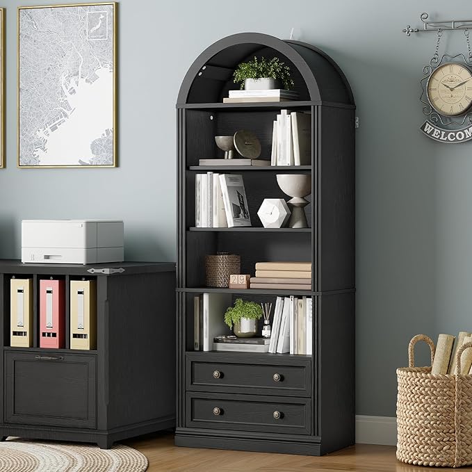 Farmhouse Arched Bookshelf, 7 Tiers Arch Bookcase with 2 Spacious Drawers, Modern Book Shelf with Open Display Shelves and Storage Cabinet, for Office, Living Room, Kitchen, Black