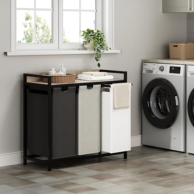 Herture Laundry Hampers with Shelf, Laundry Basket 3 Section, Laundry Sorter with Pull-Out Removable Large 3 Color Bags and Movable Wheels, Metal Frame, 3 x 15.87 Gallons (60L), Greige PF04XLZ