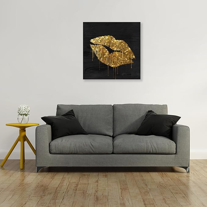 Black and Gold Lip Canvas Wall Art Gold Wall Decor Fashion Glam Poster Kiss Picture for Bedroom Bathroom Wall Decoration Ready to Hang 20x20Inch