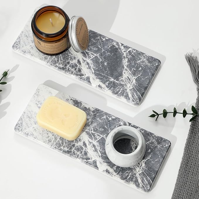 Razborci 2PCS Bathroom Sink Vanity Trays, Water Absorbing Diatomite Stone Quick Drying Mat for Kitchen Counter, Dish Rack Dispenser Sponge Holder Caddy Organizer, Marble Crack, 9"x3.5"