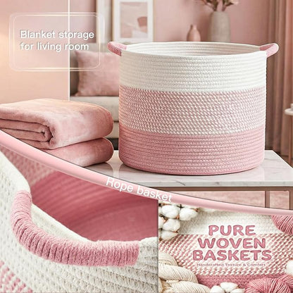 Artfeel 100L Large Cotton Rope Basket, Decorative Woven Blanket Storage for Living Room, Boho Toy Storage & Toy Box for Kids, Versatile Laundry Basket & Nursery Hamper for Blankets(Pink)