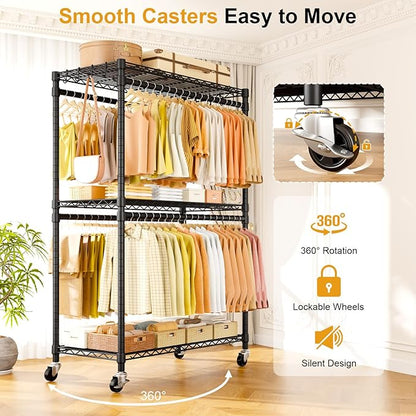P5 Plus Rolling Clothes Rack Heavy Duty, Clothing Racks for Hanging Clothes, Metal Garment Rack with Wheels, 3-Tier Portable Closet Rack 45'' W × 20.5'' D × 80.5'' H, Max Load 660 Lbs, Black