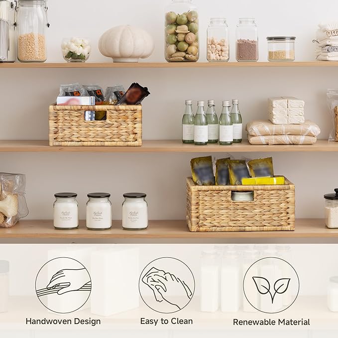 StorageWorks Large Wicker Basket for Organizing, Pantry Organizer with Wooden Frame, Water Hyacinth Storage Basket for Shelves