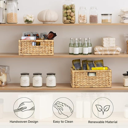 StorageWorks Large Wicker Basket for Organizing, Pantry Organizer with Wooden Frame, Water Hyacinth Storage Basket for Shelves