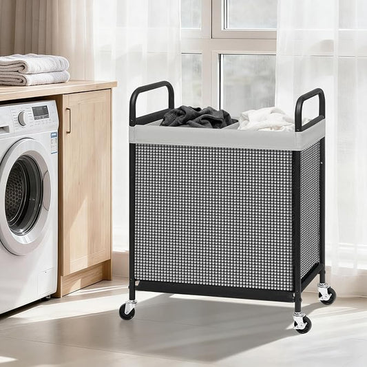 STORAGE MANIAC Rolling Laundry Hamper with Wheels 2-Section Laundry Sorter Rolling Laundrys Basket on Wheels with Removable Bag Clothes Hamper Laundrys Organizer Cart Bathroom Bedroom 100L Grey