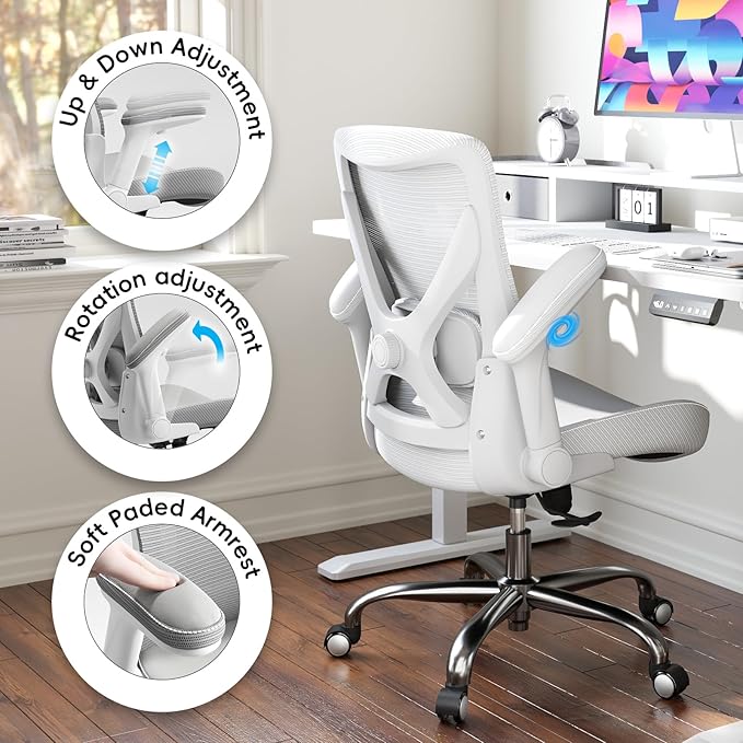 Office Home Ergonomic Desk Chair-Computer X-Shaped Chair Mesh PU Leather with Adjustable Lumbar Support-Executive Chair High Back Flip-Up Arms for Long Hours (White-No Headrest)