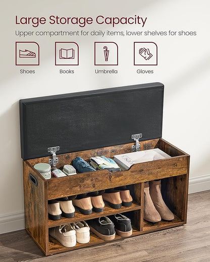 VASAGLE CUSTOS Collection - Storage Bench with Cushion, Shoe Bench, Padded Seat, Hidden Storage, Entryway, Hold up to 300 lb, 11.8 x 31.5 x 17.3 Inches, Rustic Brown and Ink Black ULHS30BX