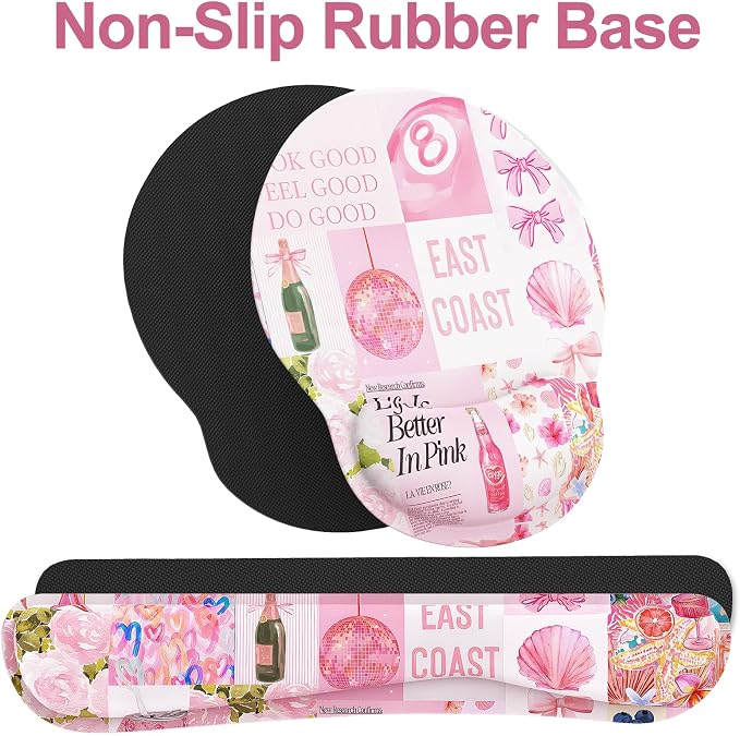 Ergonomic Mouse Pad with Wrist Rest and Keyboard Wrist Rest, Mousepad and Wrist Rest for Computer Keyboard, Pain Relief, Non-Slip Rubber Base, Mouse Pad with Wrist Support for Gaming, Pink Collage
