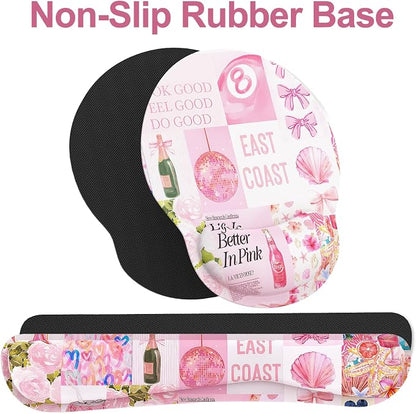 Ergonomic Mouse Pad with Wrist Rest and Keyboard Wrist Rest, Mousepad and Wrist Rest for Computer Keyboard, Pain Relief, Non-Slip Rubber Base, Mouse Pad with Wrist Support for Gaming, Pink Collage