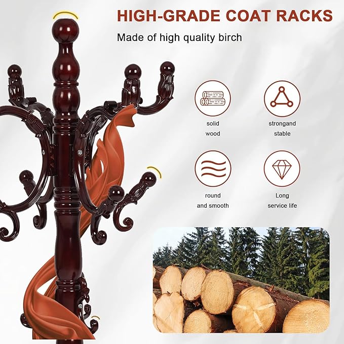 Wooden Coat rack freestanding, Coat racks stand with 14 Hook, Heavy duty coat tree standing 3 Adjustable Heights for Bedroom, Entryway, Hallway, Office,Stury Base (Redwood triangle)