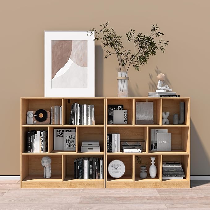 8-Cube Wooden Bookshelf with Base,3-Tier Freestanding Open Storage Organizer,Multi-Functional Bookcase for Living Room,Bedroom,Study and Office (Oak, 8-Cube)