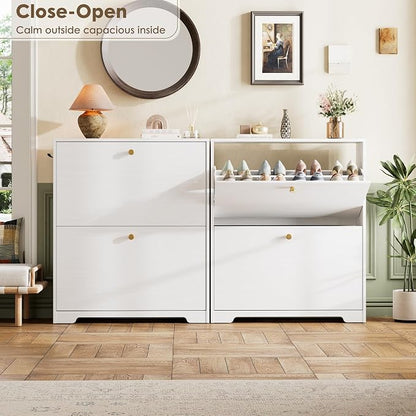 Nicetree Shoe Cabinet with 2 Flip Drawers, Narrow Shoe Organizer Cabinet, Freestanding Shoe Rack Cabinet, Modern Shoe Storage Cabinet for Entryway, Hallway, Foyer, White