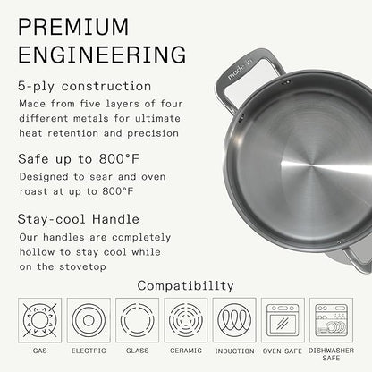 Made In Cookware - 8 Quart Stainless Steel Stock Pot With Lid - 5 Ply Stainless Clad - Professional Cookware - Crafted in Italy - Induction Compatible