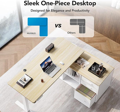 HUANUO L Shaped Standing Desk, Electric Executive Desk with Drawers, Adjustable Height Stand Up Desk, 55″ x 23.6″ One-Whole Piece Desktop, Computer Desk with 4 Memory Presets, Light Walnut