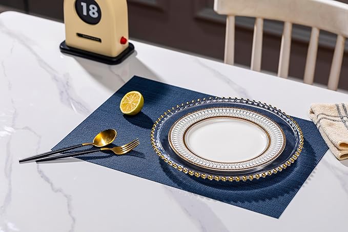 LEXMORE Placemats Set of 6 Vinyl/Plastic Woven Place Mats for Kitchen Table Indoor/Outdoor Washable Placemat Wipeable Dining Table Mats(Navy Blue)