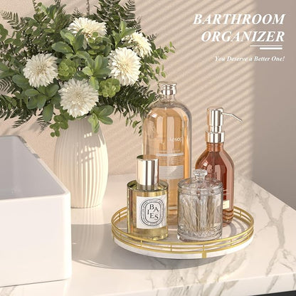 White Marble Lazy Susan Turntable for Table Top – 10” Round Marble Tray Organizer for Bathrroom, Vanity, Dining Table, Kitchen Countertop & Bar, Luxury Stone Serving Tray with Gold Frame