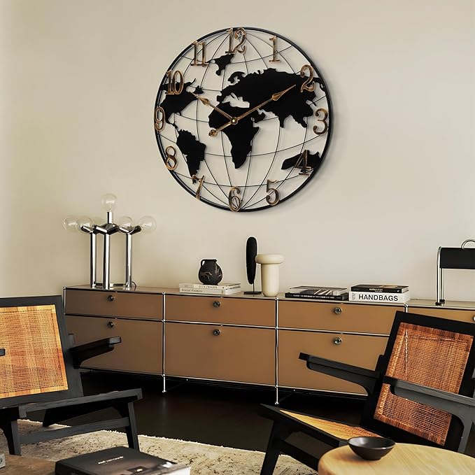 Mee 2ou Large Wall Clock - 24 Inch World Map Minimalist Modern Round Metal Wall Clock Silent Non-Ticking Battery Operated Wall Clocks for Living Room Kitchen Office Farmhouse Home Decor
