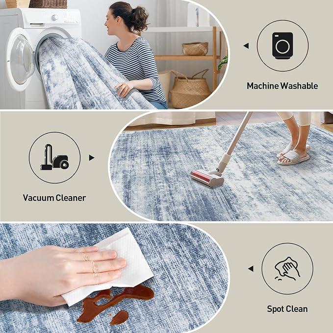 4x6 Area Rugs Washable Rug: Modern Abstract Living Room Rug Soft Anti-Skid Thin Carpet Indoor Floor Non-Shedding Carpets for Bedroom Dining Room Farmhouse Nursery Home Office - Blue White