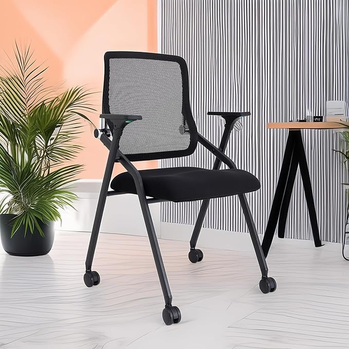 Updated Conference Room Chairs, Folding Office Desk Chair with Lumbar Support and Sliding Armrest with Casters, Stackable Office Guest Chairs & Reception Chairs, 6 Pack Black