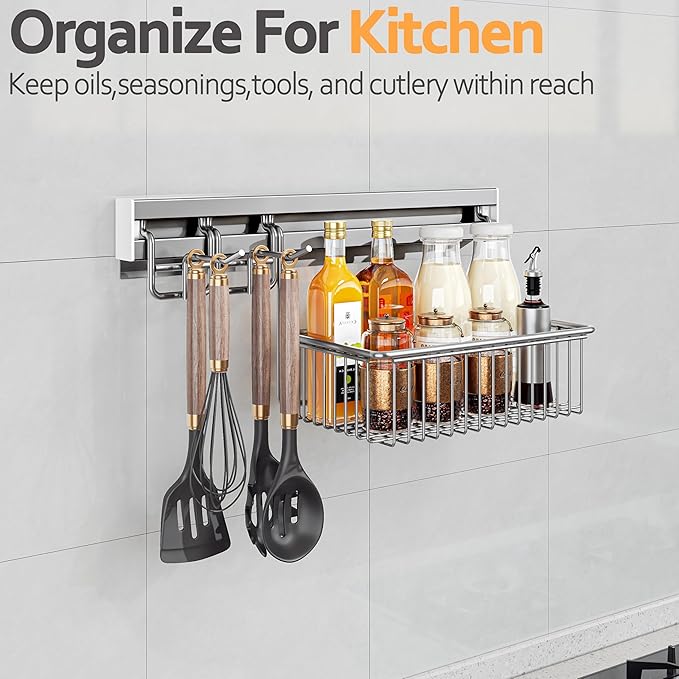 MINGLING Shower Caddy Hanging with Wall Back Crossbar, Rustproof 304 Stainless Steel Shower Organizer, Adhesive Bathroom Wall Storage Basket for Kitchen and Home Decor