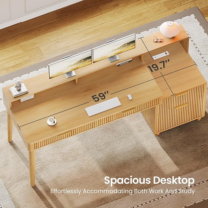 SEDETA 59" Computer Desk with 4 Storage Drawers, Fluted Wood Office Desk with File Drawer, LED Lights and Power Strip, Gaming Table Writing Desk for Home Office, Living Room, Bedroom, Oak