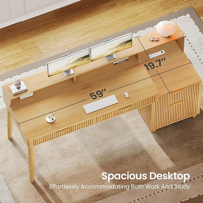 SEDETA 59" Computer Desk with 4 Storage Drawers, Fluted Wood Office Desk with File Drawer, LED Lights and Power Strip, Gaming Table Writing Desk for Home Office, Living Room, Bedroom, Oak