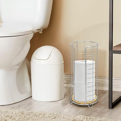 BROOKSTONE, Stylish Toilet Paper Holder with Bamboo Base, Freestanding Bathroom Tissue Organizer, Minimalistic Storage Solution, Modern Trending Design [Holds Large Rolls], Chrome…