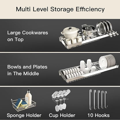 3 Tier Extra Large Stainless Steel Expandable Over The Sink Dish Drainer Drying Rack, Rust Proof Metal, Space Saving, Modern Silver Big Capacity Extendable Plate Strainers Above Kitchen Counter