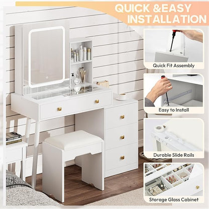 KAMABOKO Vanity Desk with Sliding Mirror and Lights, Makeup Vanity Table with 4 Drawers & Storage Rack &Power Outlet & Stool, White Dressing Table with Glass Transparent Top for Bedroom