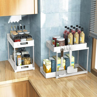 2 Pack Under Sink Organizer with Pull-Out Drawer, 2-Tier Cabinet Storage for Kitchen & Bathroom, Fits Cleaning Supplies & Toiletries, Space Saving for Small Cabinets, Double-layer Sliding White
