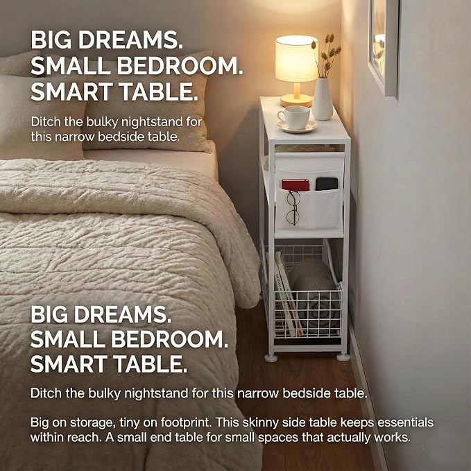Skinny Side Table with Storage, 3 Tier Slim Side Tables for Small Spaces, Skinny End Table Narrow Bedside Table Narrow Side Table for Living Room, Bedroom