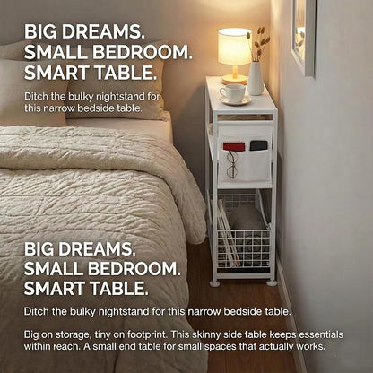 Skinny Side Table with Storage, 3 Tier Slim Side Tables for Small Spaces, Skinny End Table Narrow Bedside Table Narrow Side Table for Living Room, Bedroom